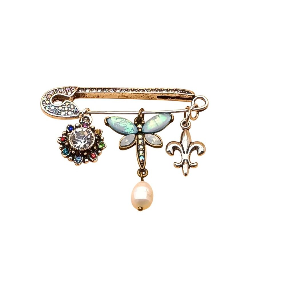 Vintage Glitzy Safety Pin Brooch with Charms Dragonfly Fleur-De-Lis & Pearl